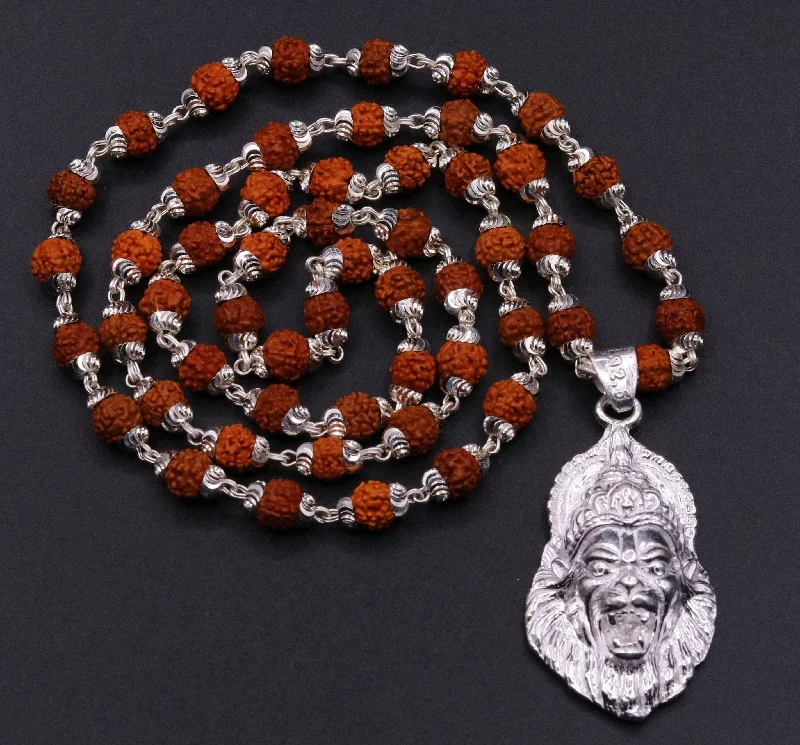 ANTIQUE STYLE HANDMADE 925 STERLING SILVER LORD VISHNU AVTAR NARISHMA PENDANT NATURAL RUDRAKSHA BEADS TREBLE NECKLACE JEWELRY SET37