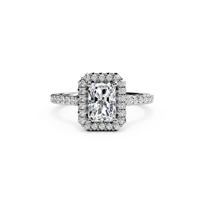 The Studio Collection Emerald Cut Diamond Halo and Diamond Shank Engagement Ring