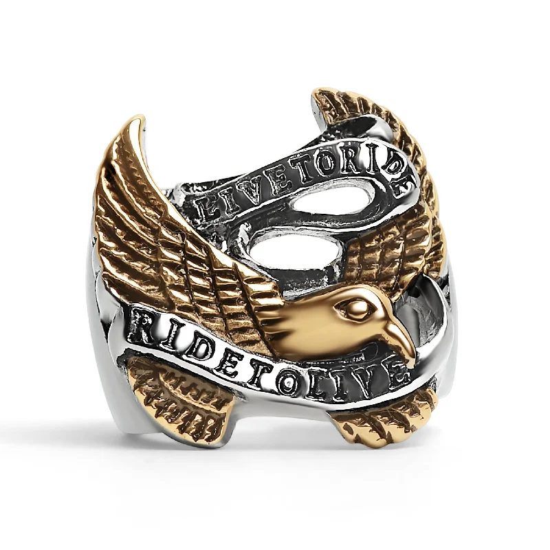 Stainless Steel 18K Gold PVD Coated "Live To Ride" "Ride To Live" Eagle Biker Ring / SCR3086