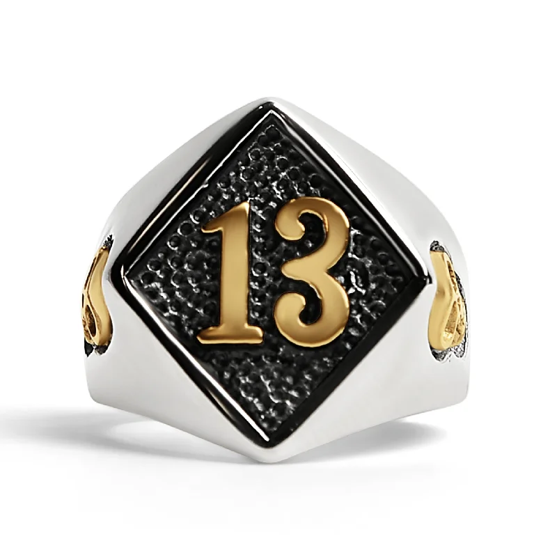 Stainless Steel 18K Gold PVD Coated Accents "13" and Skulls Signet Ring / SCR3042